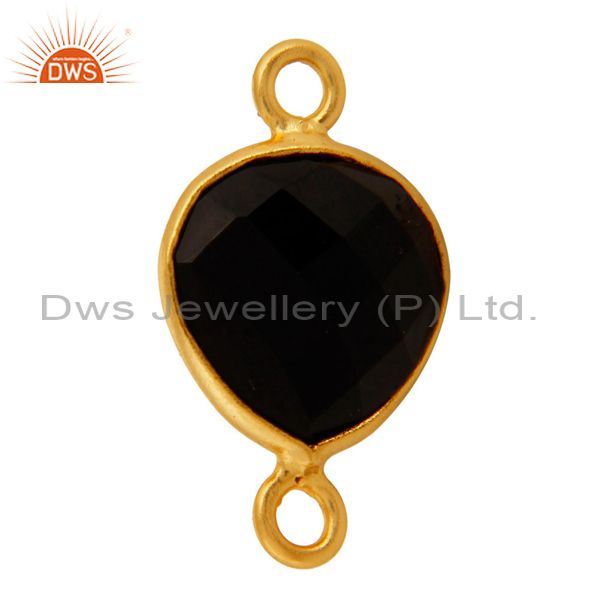 Exporter 18K Gold Plated Sterling Silver Bezeled Black Onyx Gemstone Heart Connector
