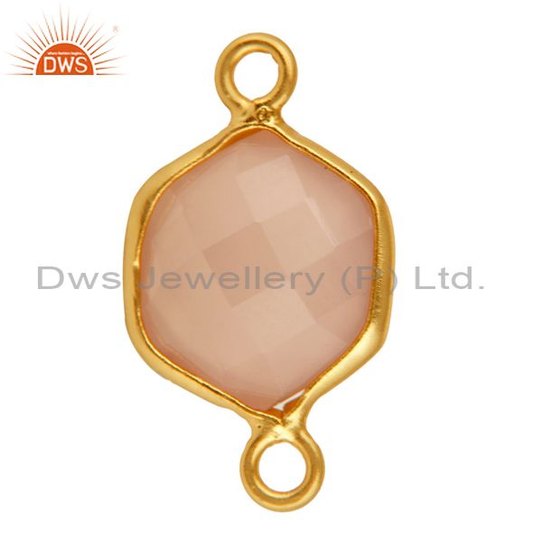Exporter Faceted Rose Chalcedony Gemstone Hexagon Shape Silver Connector - Gold Plated