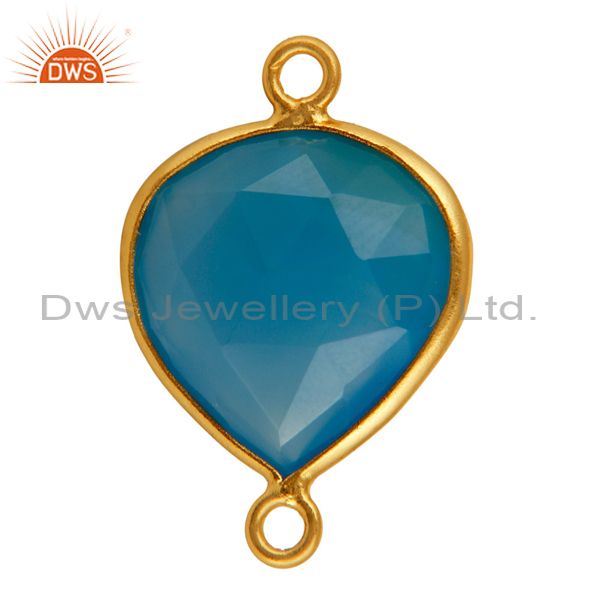 Exporter Dyed Aqua Blue Chalcedony Gemstone Bezel-Set Connector In 18K Gold On 925 Silver