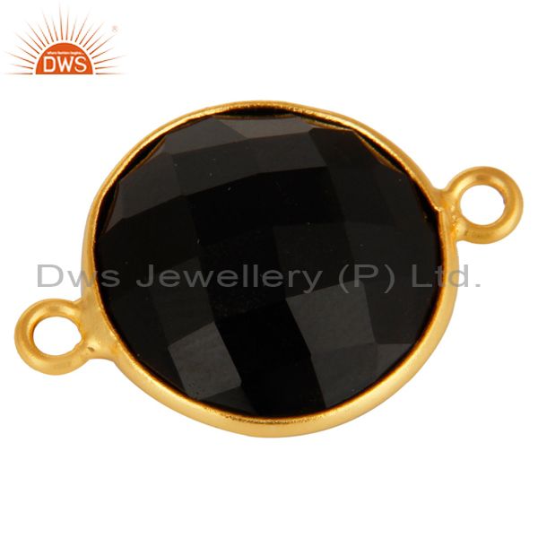 Exporter 15MM Black Onyx Faceted Gemstone Sterling Silver Connector With Gold Plated