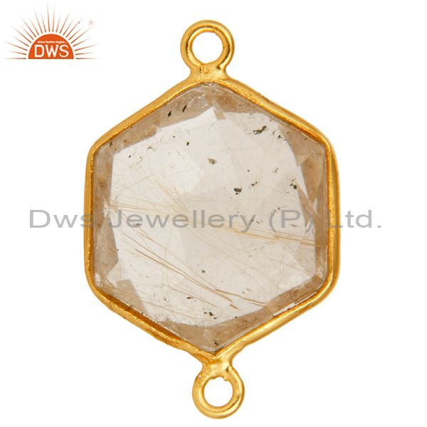 Exporter Bezel-Set Golden Rutilated Quartz Gemstone Gold Plated Sterling Silver Connector