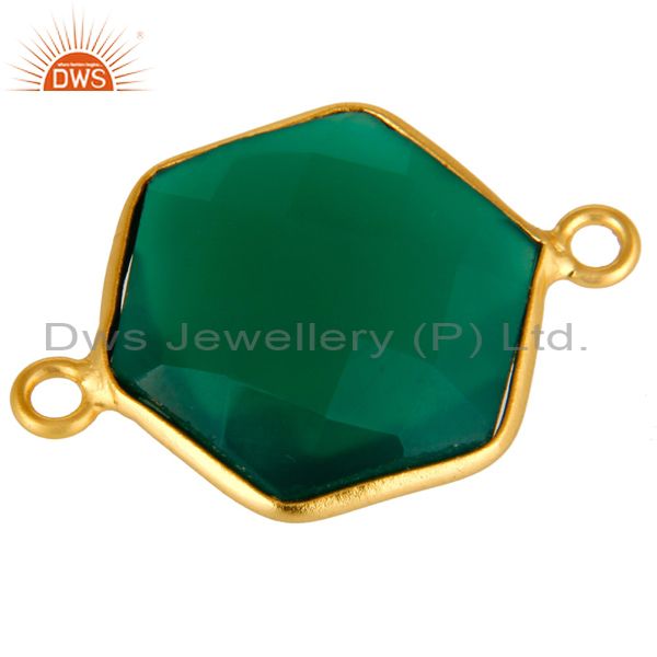 Exporter 18K Yellow Gold Plated Sterling Silver Green Onyx Bezel Setting Connector Jewelr