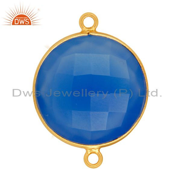 Exporter Dyed Blue Chalcedony Gold Plated Sterling Silver Bezel Set Connector