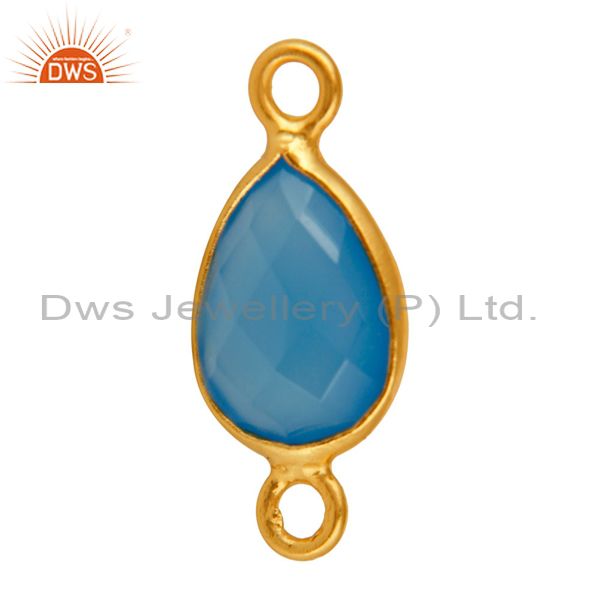 Exporter Drop Blue Chalcedony Sterling Silver Bezel Set Gemstones Connector - Gold Plated