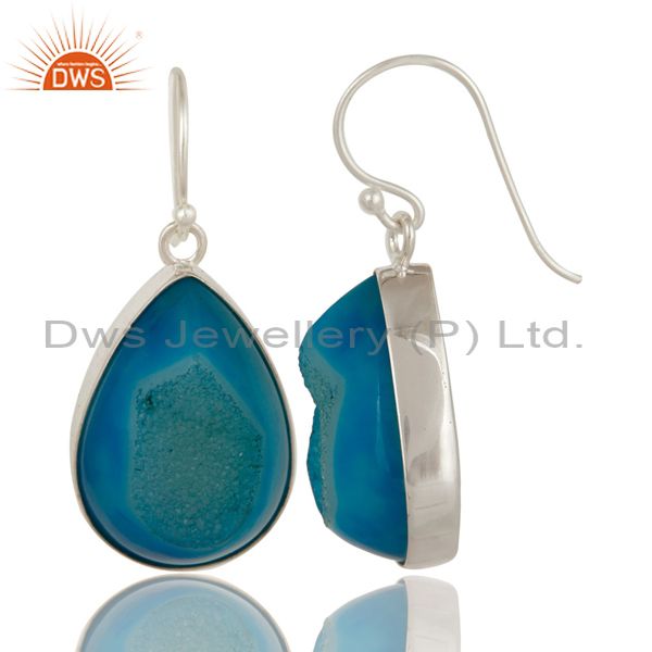 Exporter Natural Blue Druzy Agate Sterling Silver Bezel-Set Drop Earrings For Women