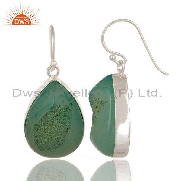 Exporter Natural Green Druzy Agate Sterling Silver Womens Bezel Set Drop Earrings