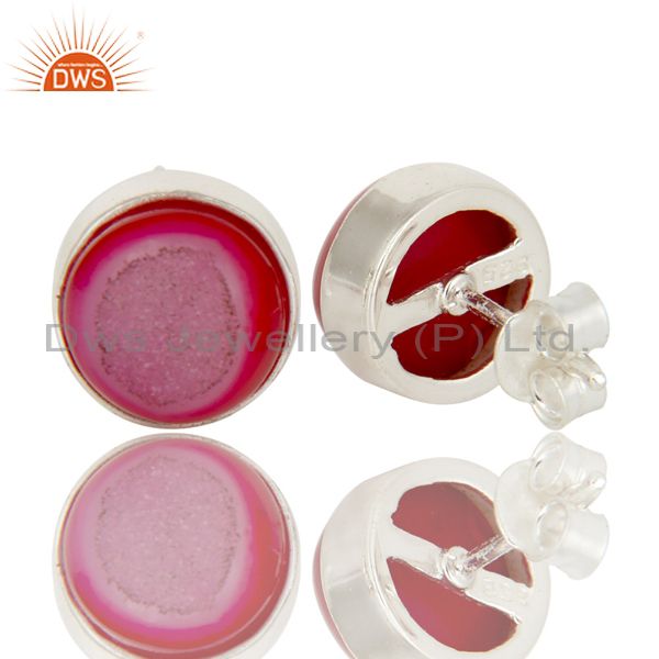 Exporter 925 Sterling Silver Natural Pink Agate Druzy Bezel-Set Stud Earrings For Women
