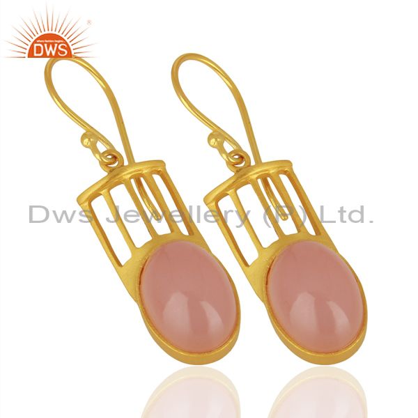 Suppliers Natural Rose Quartz Gemstone Designer Earrings - Yellow Gold Plated