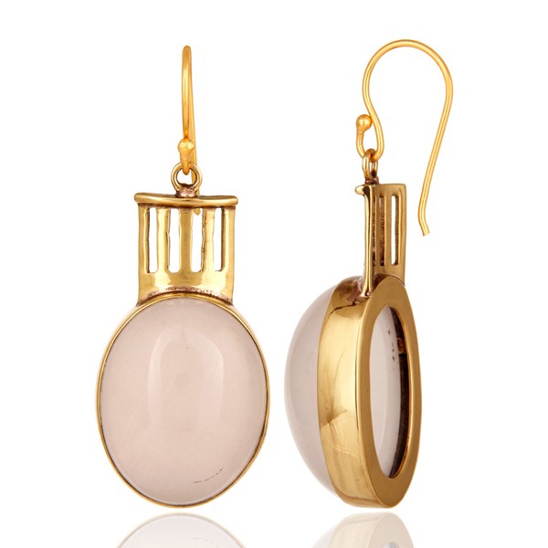 Exporter Natural Rose Quartz Gemstone Designer Earrings - Yellow Gold Plated