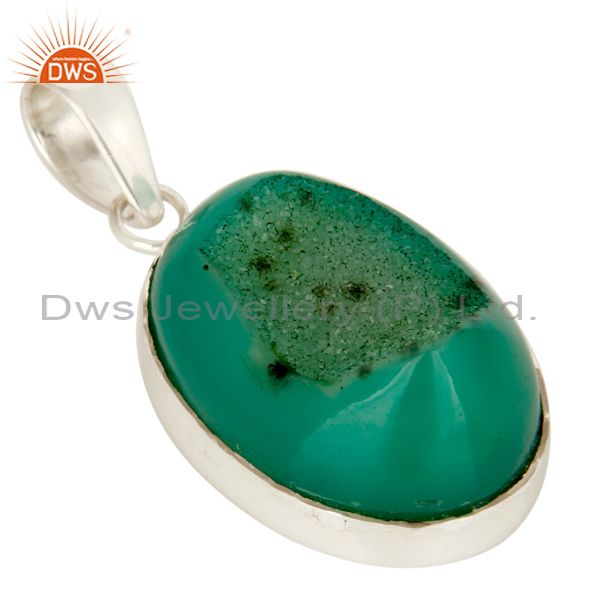 Exporter Handcrafted Solid Sterling Silver Green Druzy Agate Bezel Set Pendant
