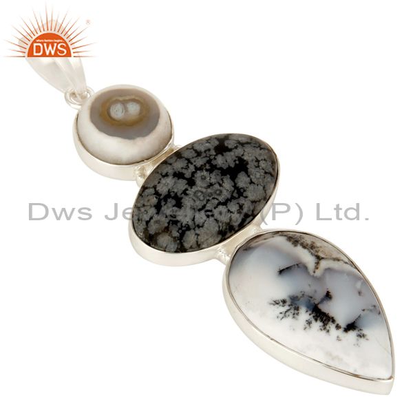 Exporter Natural Dendritic Opal, And Snowflake Obsidian Bezel Set Sterling Silver Pendant