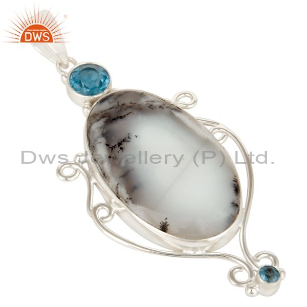 Exporter Handmade Sterling Silver Dendritic Opal And Blue Topaz Bezel Set Pendant