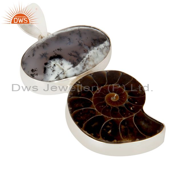 Exporter Handmade Solid Sterling Silver Ammonite And Dendritic Opal Bezel Set Pendant