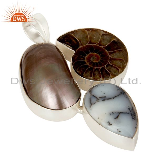Exporter Natural Mabe Pearl, Dendritic Opal And Ammonite Solid Sterling Silver Pendant