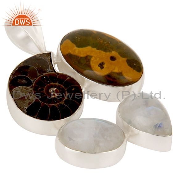 Exporter Handmade Ammonite And Rainbow Moonstone Bezel Set Sterling Silver Pendant