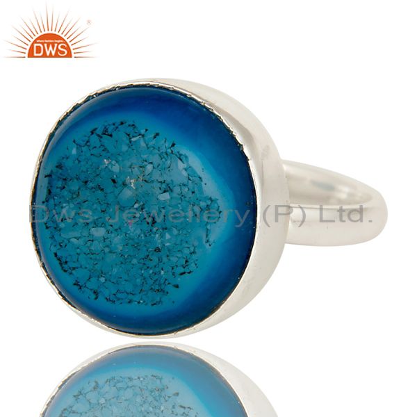 Exporter Handmade Round Blue Drusy Agate Solid Sterling Silver Coctail Ring
