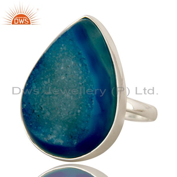 Exporter Genuine 925 Sterling Silver with Blue Drusy Agate Statement Ring