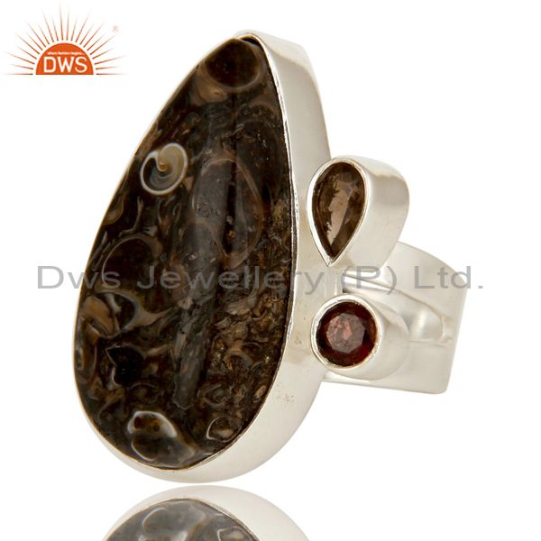 Exporter Handmade Solid Sterling Silver Smoky Quartz And Turritella Agate Statement Ring