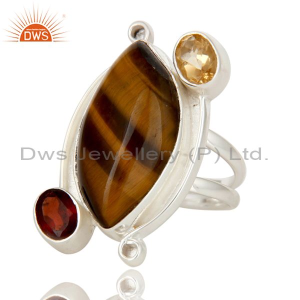 Exporter Handmade Sterling Silver Garnet, Citrine And Tiger Eye Gemstone Statement Ring