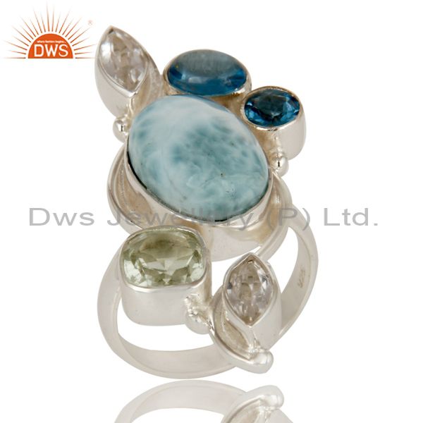 Exporter Larimar, Green Amethyst, Blue Topaz and Crystal Sterling Silver Handmade Ring