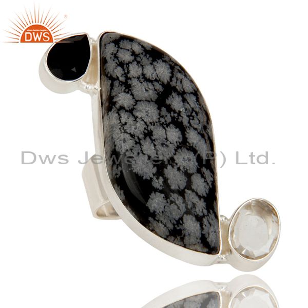 Exporter Snowflak Obsidian, Black Onyx and Crystal Quartz Solid Sterling Silver Ring