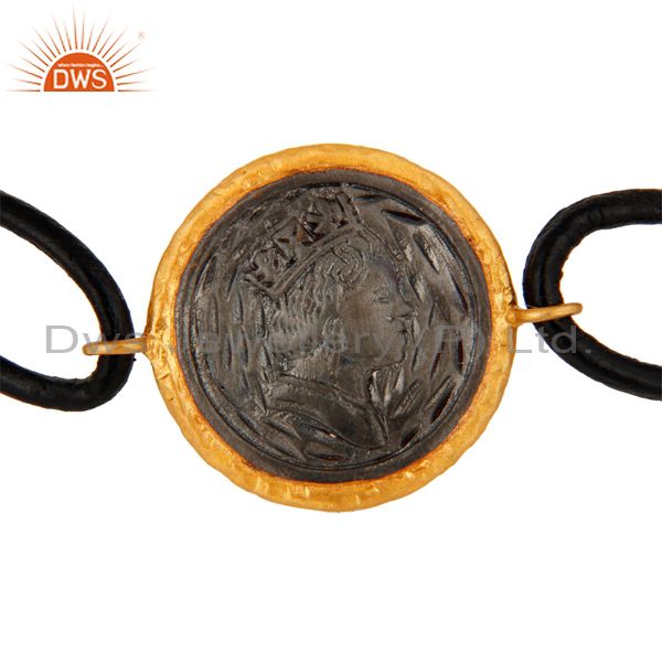 Exporter Antique King Face Charm Gold Plated Black Cord Macrame Bracelet