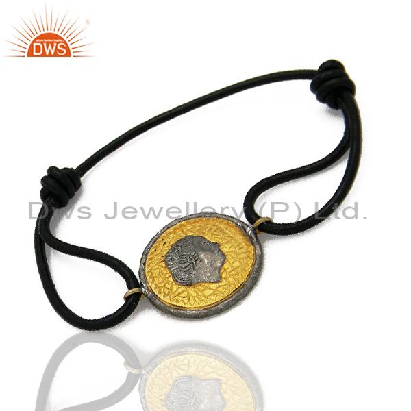 Exporter 22K Yellow Gold Plated Brass Vintage Disc Charm Macrame Bracelet Jewelry