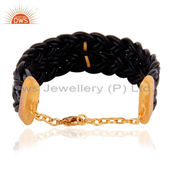 Exporter 18k Gold Plated White Zircon Black Leather Wrap Wide Leather Bangle Bracelet