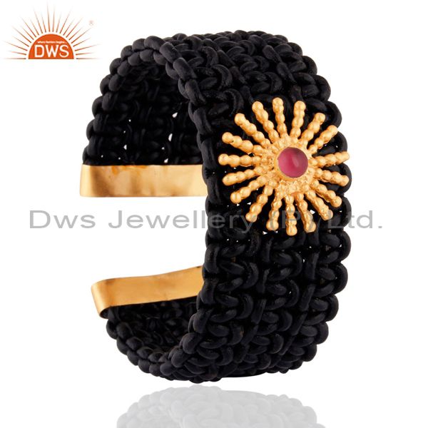 Exporter Gold Plated Handmade Black Leather Wrap Fashion Cuff