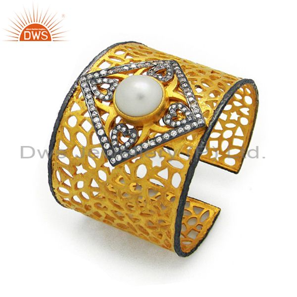 Exporter 22K Yellow Gold Plated Brass Filigree Wide Cuff Bracelet With Pearl And CZ