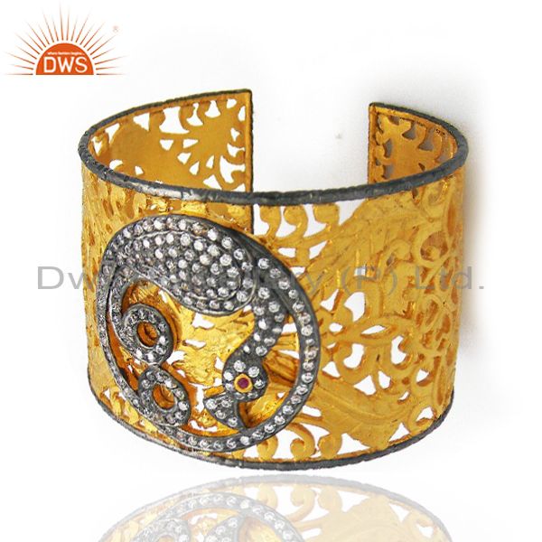Exporter 22K Yellow Gold Plated Brass CZ Peacock Design Filigree Wide Cuff Bracelet
