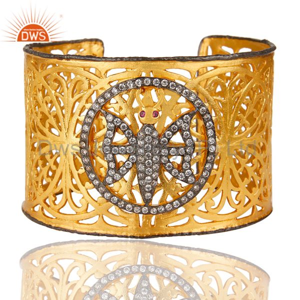 Suppliers 22K Yellow Gold Plated Filigree Butterfly Hammered Wide Cuff Bracelet With CZ