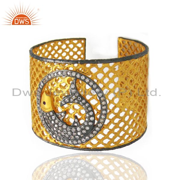 Exporter 22K Yellow Gold Plated Brass CZ Dolphin Design Filigree Wide Cuff Bracelet