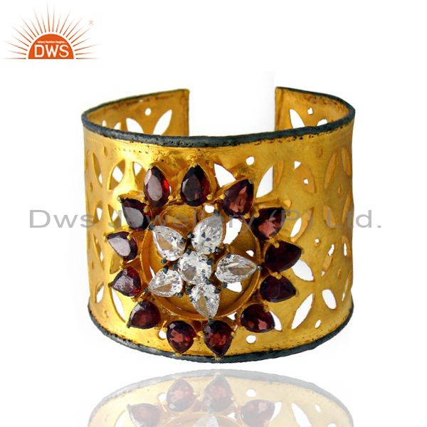 Exporter 22K Yellow Gold Plated Brass Garnet And And CZ Filigree Cuff Bracelet Bangle