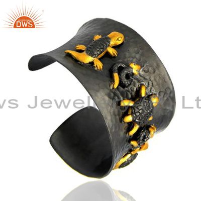 Exporter Oxidized And 18K Yellow Gold Plated Brass CZ Turtle Designer Cuff Bracelet