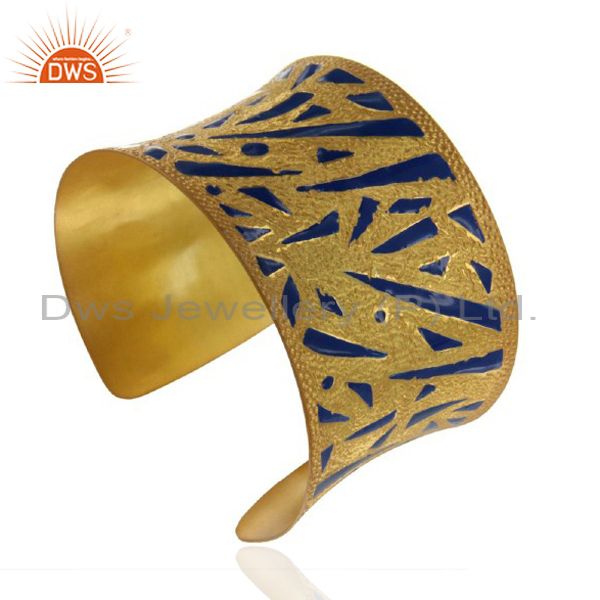 Exporter 22K Yellow Gold Plated Brass Hammered Wide Cuff Bracelet Bangle With Blue Enamel