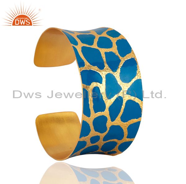 Exporter 18K Gold Plated Over Brass Vintage Designer Signed Enamel Bangle Cuff Bracelets