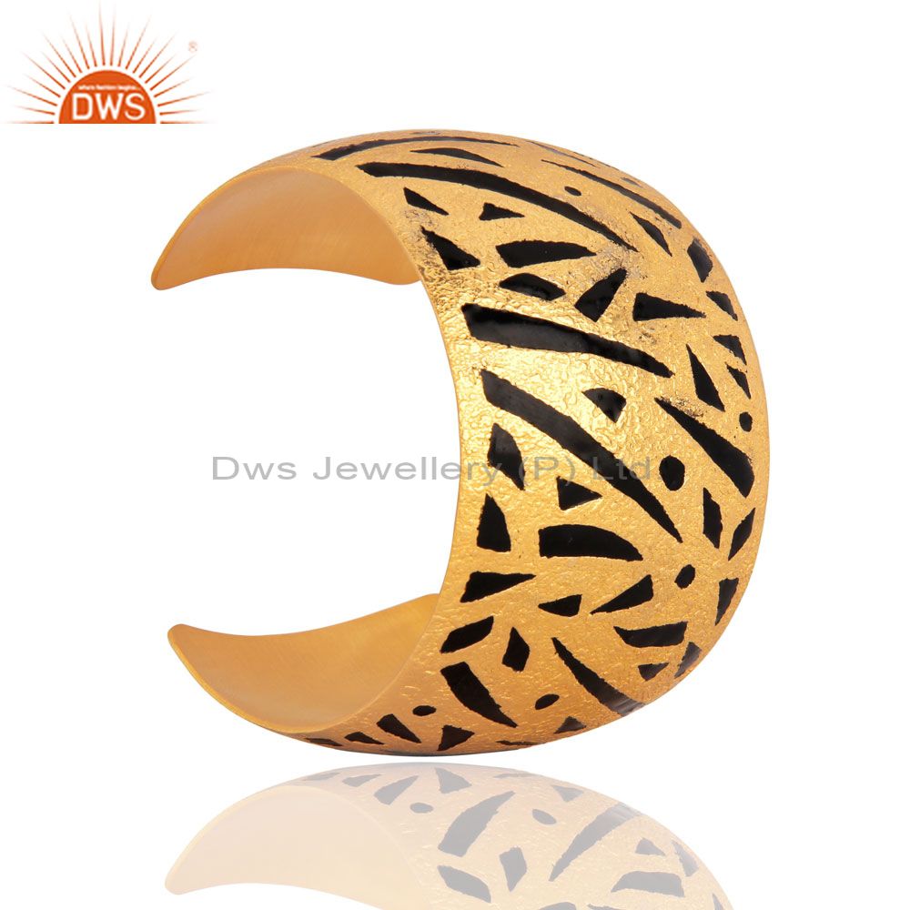 Exporter 22K Yellow Gold Plated Brass Matte Finish Wide Bangle Cuff Bracelet With Enamel