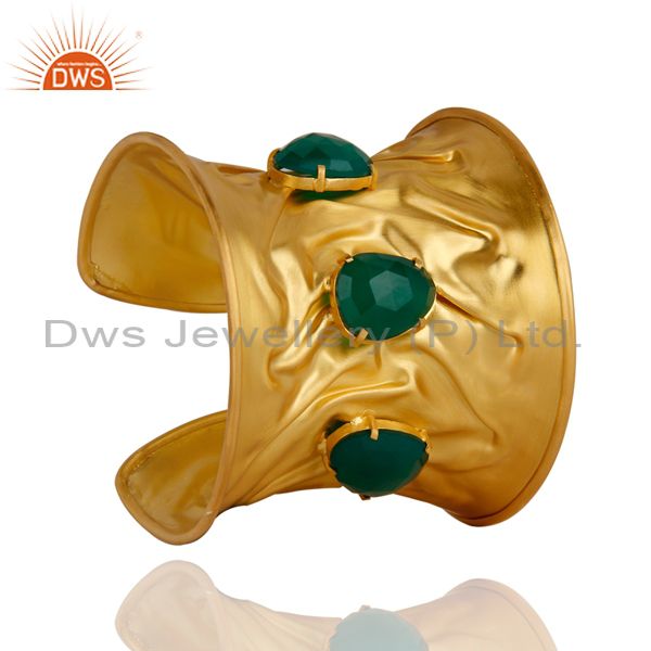 Exporter 24K Yellow Gold Plated Brass Green Onyx Handmade Wide Cuff Bracelet Bangle
