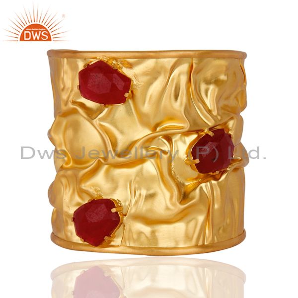 Exporter 22K Yellow Gold Plated Brass Red Aventurine Designer Cuff Bracelet Wide Bangle