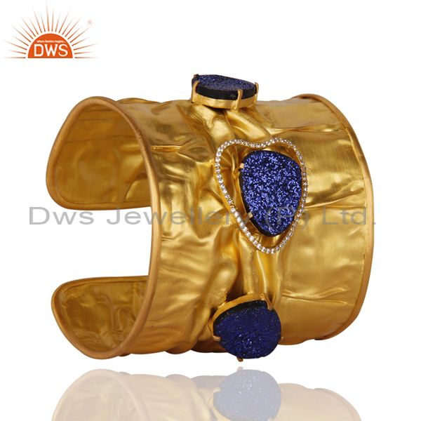 Exporter 24K Yellow Gold Plated Brass Blue Druzy Agate Designer Cuff Bangle With CZ
