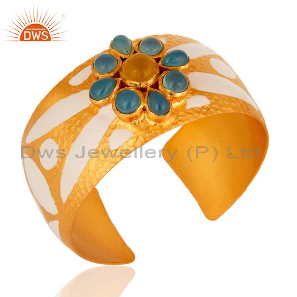 Exporter 18K Yellow Gold Plated Over Brass Wide Bangle Cuff Bracelet With Enamel Work