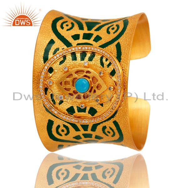Exporter 18K Gold Plated Brass Turquoise And CZ Handmade Cuff Bracelet With Enamel Paint
