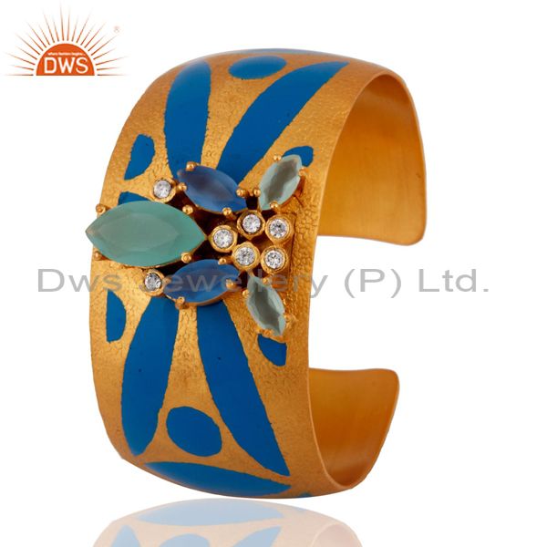 Designers Aqua Chalcedony And CZ Gold Plated Handcrafted Cuff Bracelet Fashion Jewelry
