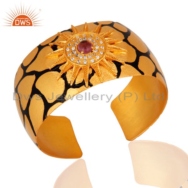 Exporter Ladies 18K Gold Plated Handmade Sun Sign Cuff Bracelet With White Zircon Jewelry