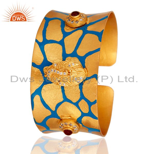 Exporter 24-karat Yellow Gold Plated CZ Hand-Painted Enamel Womens Cuff Bracelets Bangle