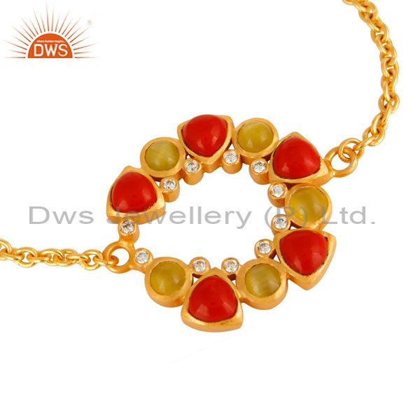 Exporter Natural Yellow Moonstone And Coral Designer Gold Plated Chain Bracelet