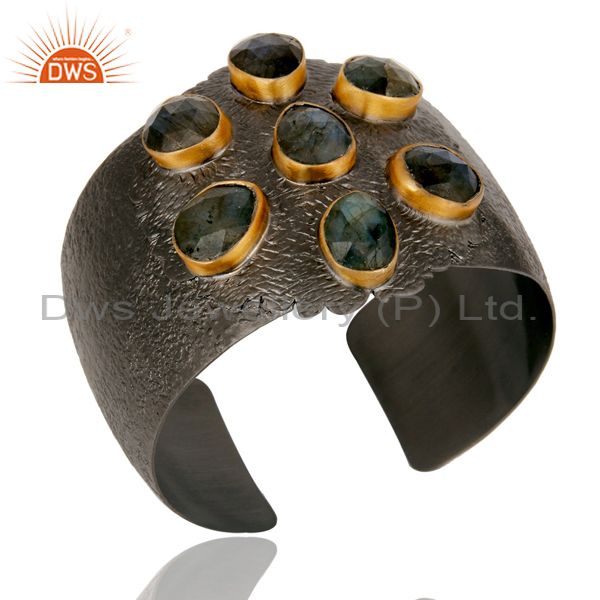 Exporter Natural Labradorite Black Oxidized Handmade Cuff Fashion Jewelry Textured Bangle