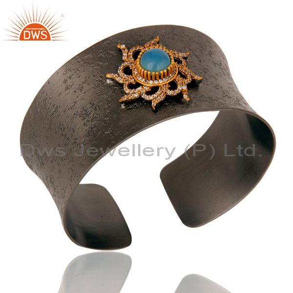 Exporter Blue Chalcedony and Zircon Black Oxidized Comfort Fit Wide Cuff Unique Bangle