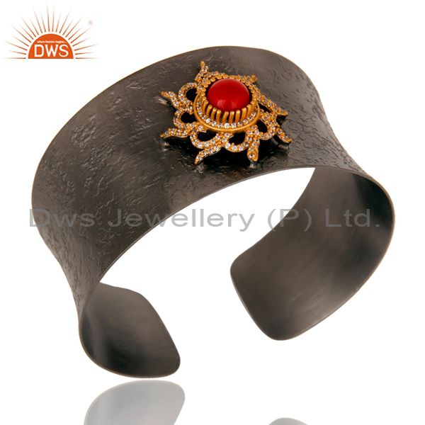 Exporter Black Oxidized Comfort Fit Wide Cuff Unique Bangle with Coral and Zircon